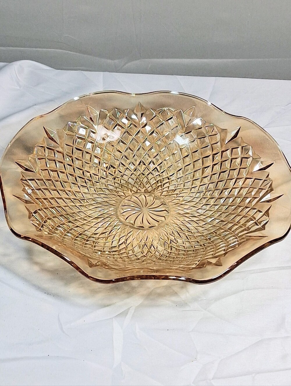 Indiana Glass Depression Marigold Diamond Point Pattern Scalloped Edge 11"  Bowl